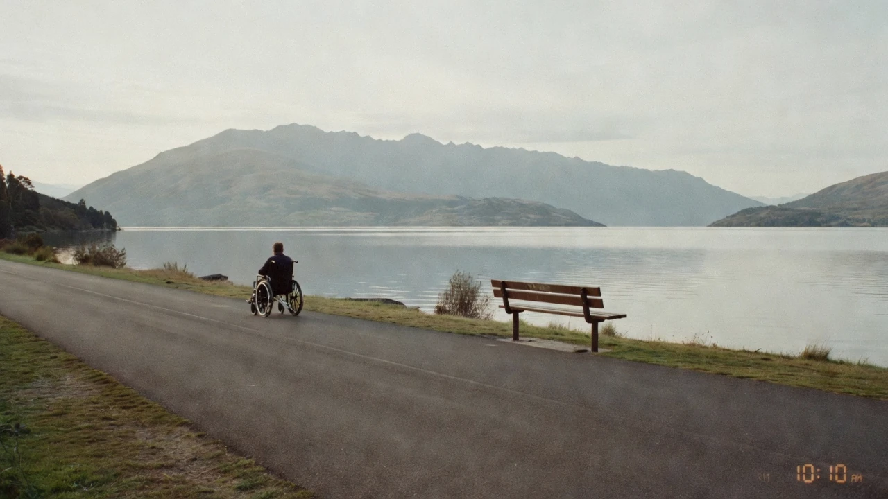 The level lakefront path along Queenstown Bay below the Remarkables, the flattest ground in town for Queenstown accessibility, New Zealand