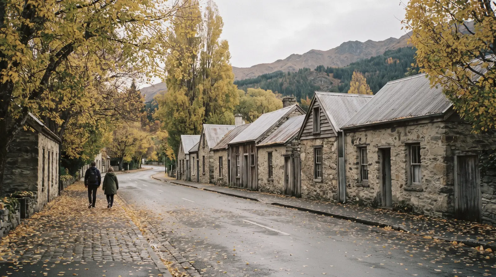 A row of low 1870s miners cottages under yellow poplars on Buckingham Street in Arrowtown, New Zealand, on an overcast autumn morning