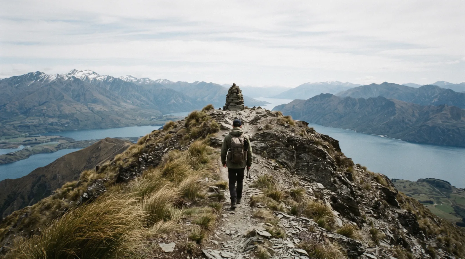 Walkers on the tussock ridge of the Ben Lomond Track above Queenstown, Lake Whakatipu and the Kawarau/Remarkables range behind them