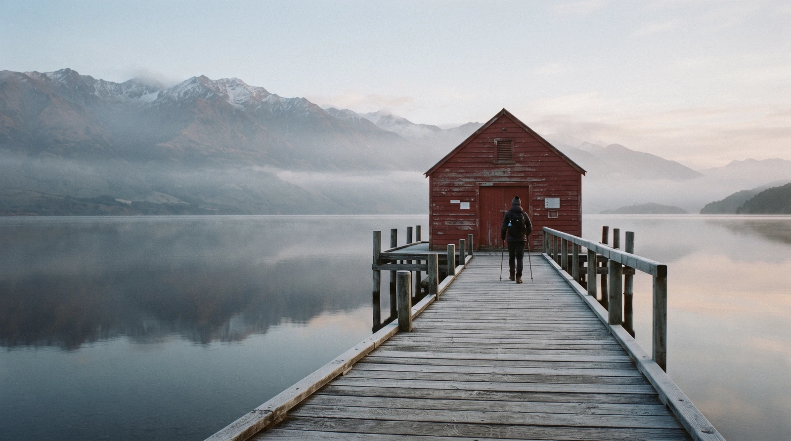 The red timber wharf shed on the lakefront at first light, with the Humboldt Mountains behind it, at Glenorchy, New Zealand