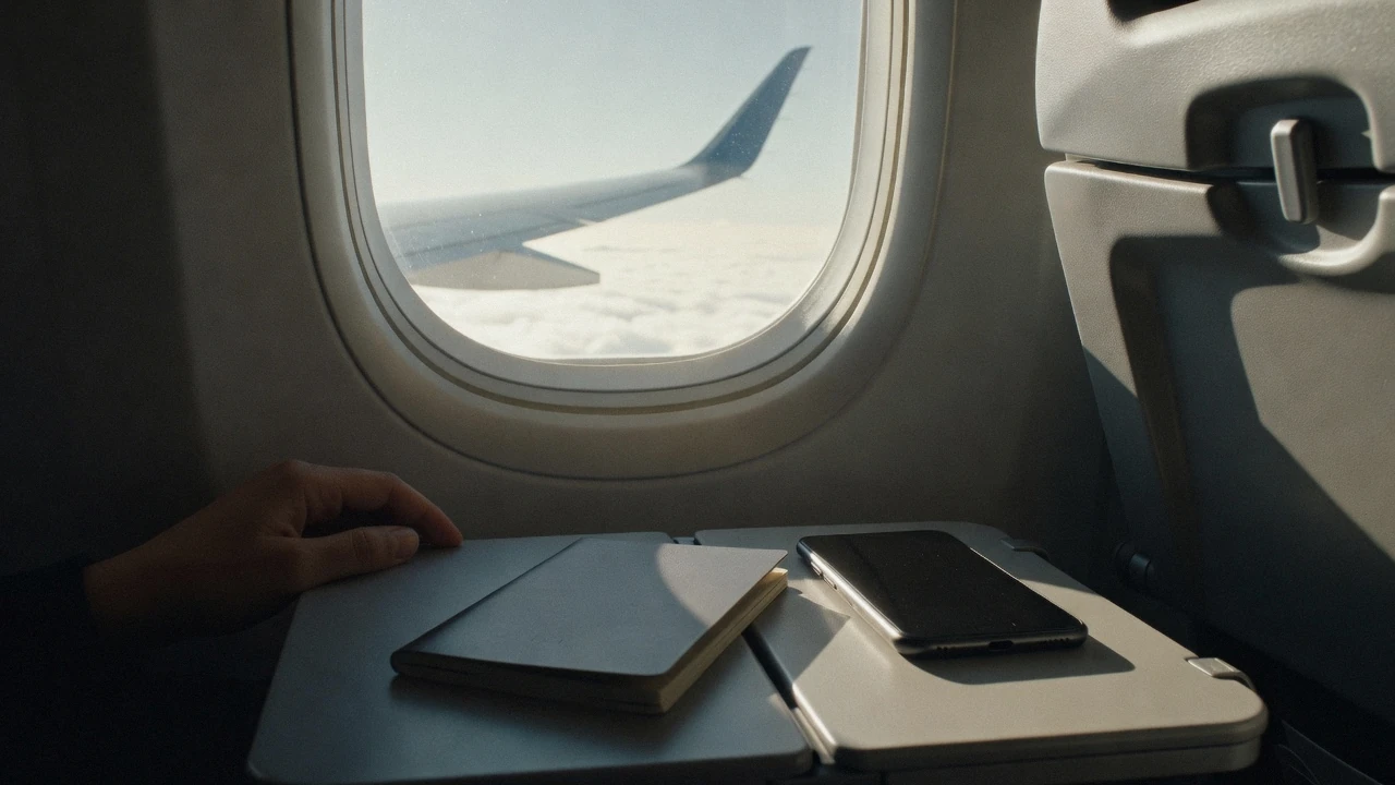 A passport and a phone on an airline seat tray above the Southern Alps, the NZeTA New Zealand asks visa-waiver visitors to request before boarding