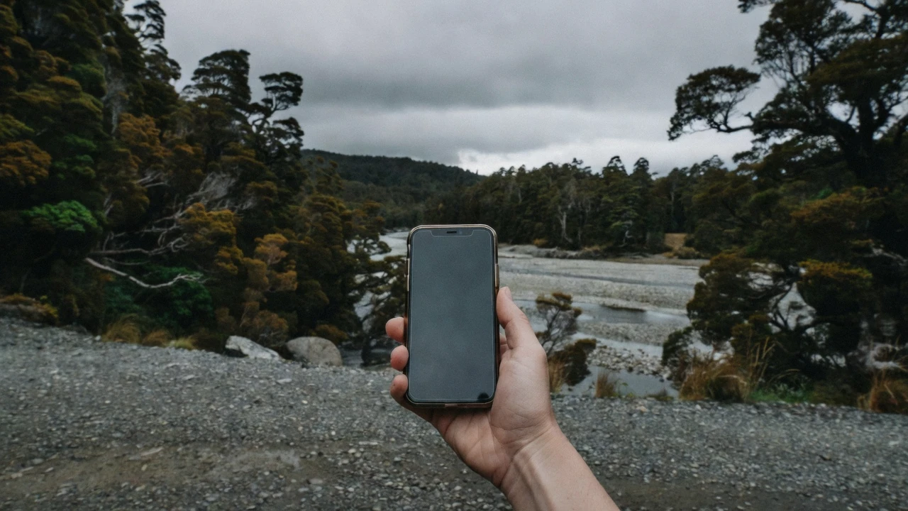 A phone held up against the Remarkables with no bars showing, the coverage gap a New Zealand eSIM does not fix outside Queenstown, New Zealand