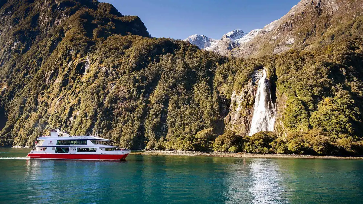 A glass-roofed coach at a photo stop on the Milford Road — Milford Sound day trip from Queenstown, New Zealand
