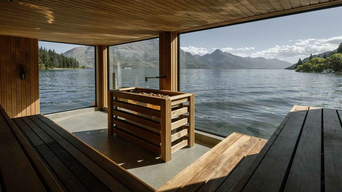 A floating wood-fired sauna moored on Lake Whakatipu — things to do in Queenstown, New Zealand